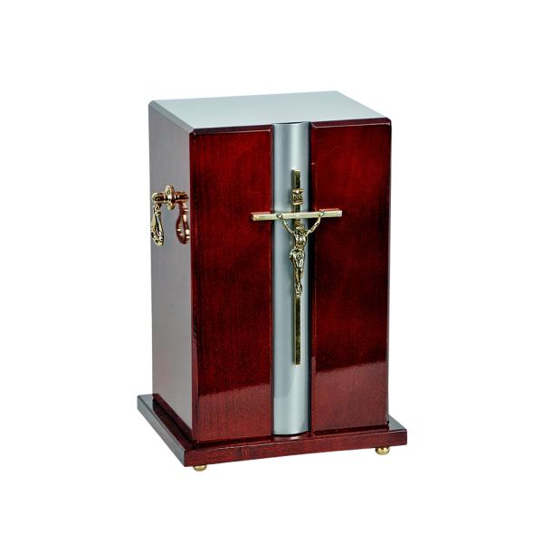 Klassische Holz Urne mit Kruzifix – Dunkles Mahagoni-Design – 4.5L Bestattungsurne aus Massivholz für Erwachsene