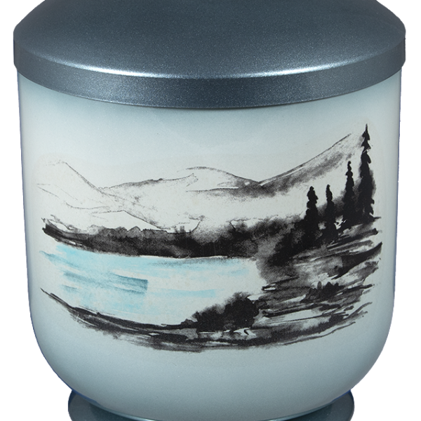 Moderne Metall Urne mit Seenlandschaft – Motiv-Urne Stille des Seeufers – 4L Bestattungsurne für Naturfreunde & Ruhe