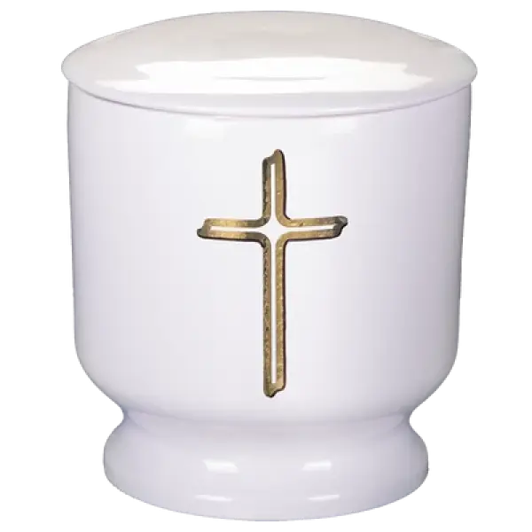 Elegante weiße Keramikurne mit bronzefarbenem Kreuz